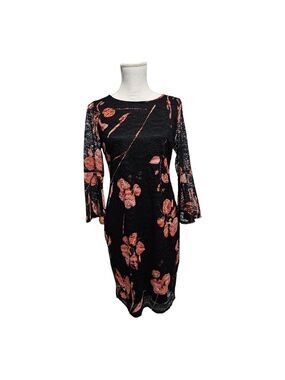 Alfani Black Multicolor Floral Lace Bell Sleeve Sheath Dress Size 8